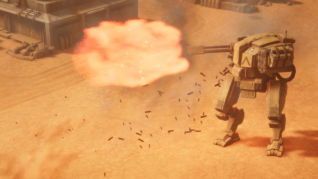 Walking combat robot firing a cannon on sandy ground with visible shell casings and muzzle flash