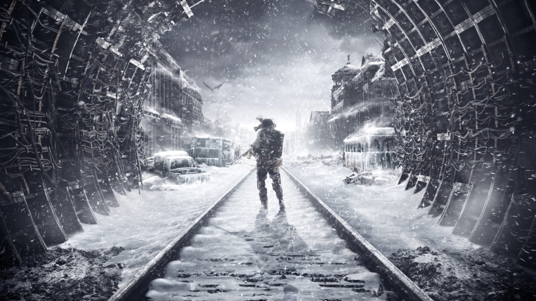 An armed person stands on snow-covered train tracks in a ruined snowy cityscape surrounded by a tunnel with visible pipes and cables