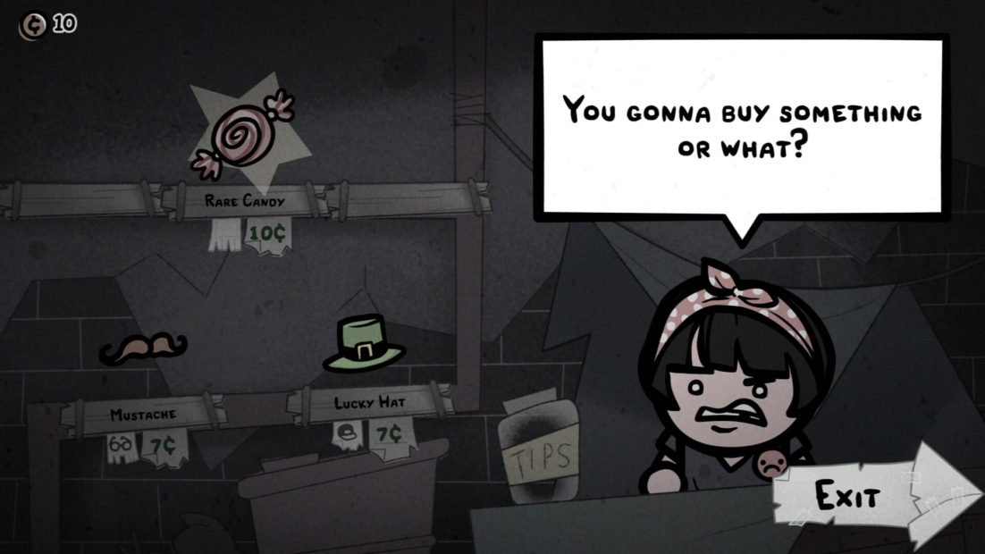 Cartoon character with headscarf and angry expression next to a shelf labeled with candy, mustaches, and hats and a tip jar with an arrow labeled 'Exit'