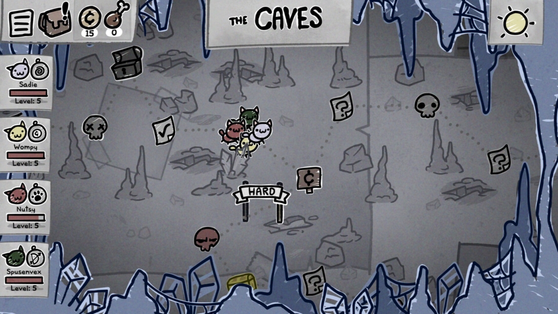 Map of a cave level in a video game showing multiple characters, symbols, and a sign labeled 'HARD'