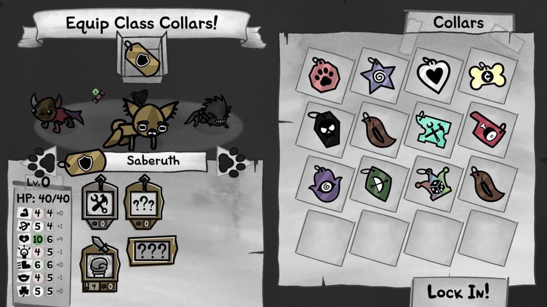 Game screen showing a character named Saberuth with stats and a selection of collars to equip.