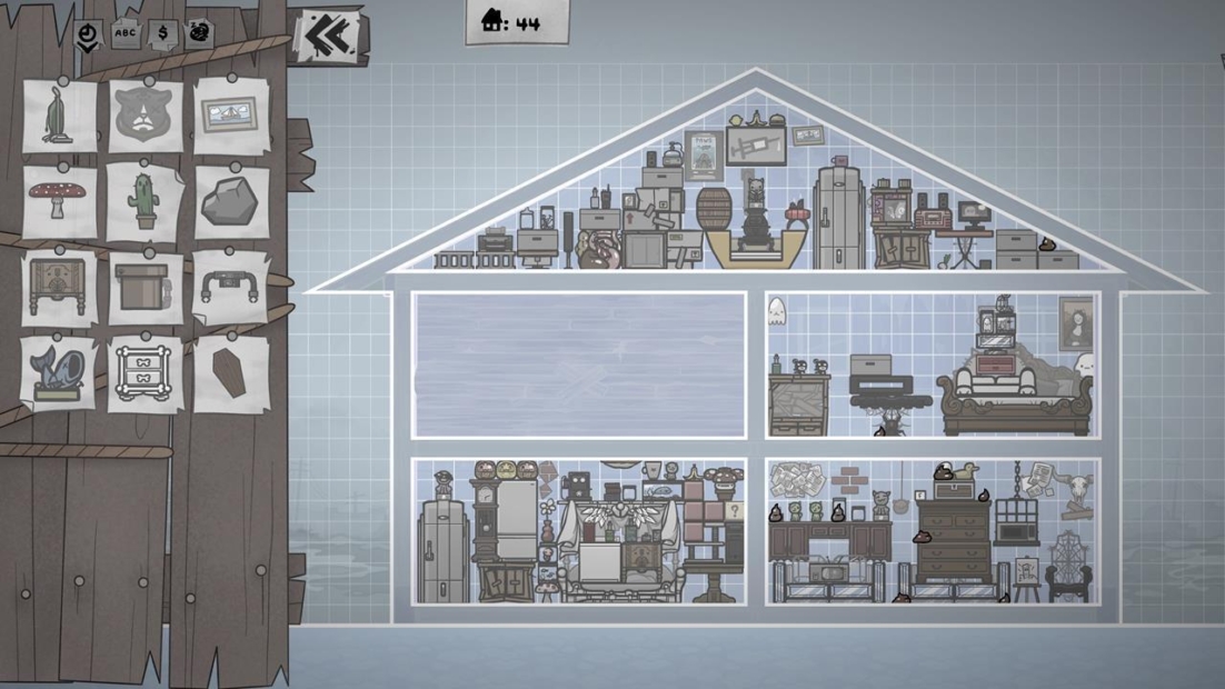 Cross-section of a two-story house with attic showing various furniture and objects in the rooms