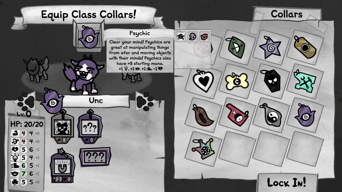 Spielbildschirm mit einer Spielfigur, die eine Klasse namens "Psychic" mit fünf Attributen und einer Auswahl an Halsbändern zeigt