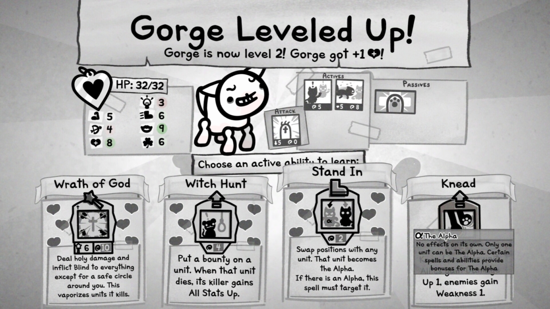 Game screen showing a cartoon character named Gorge who leveled up with four ability cards displaying icons and text for attack and passive skills.