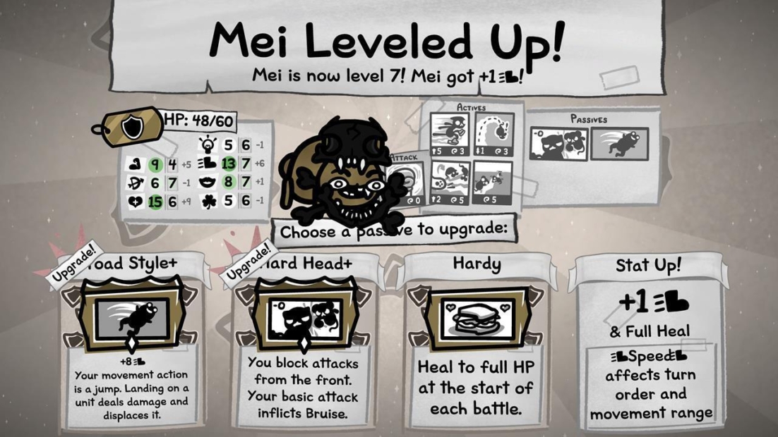 Spielbildschirm mit der Überschrift 'Mei Leveled Up' und verschiedenen Upgrade-Optionen für Spielfähigkeiten, darunter 'Road Style+', 'Hard Head+', 'Hardy' und 'Stat Up!'.