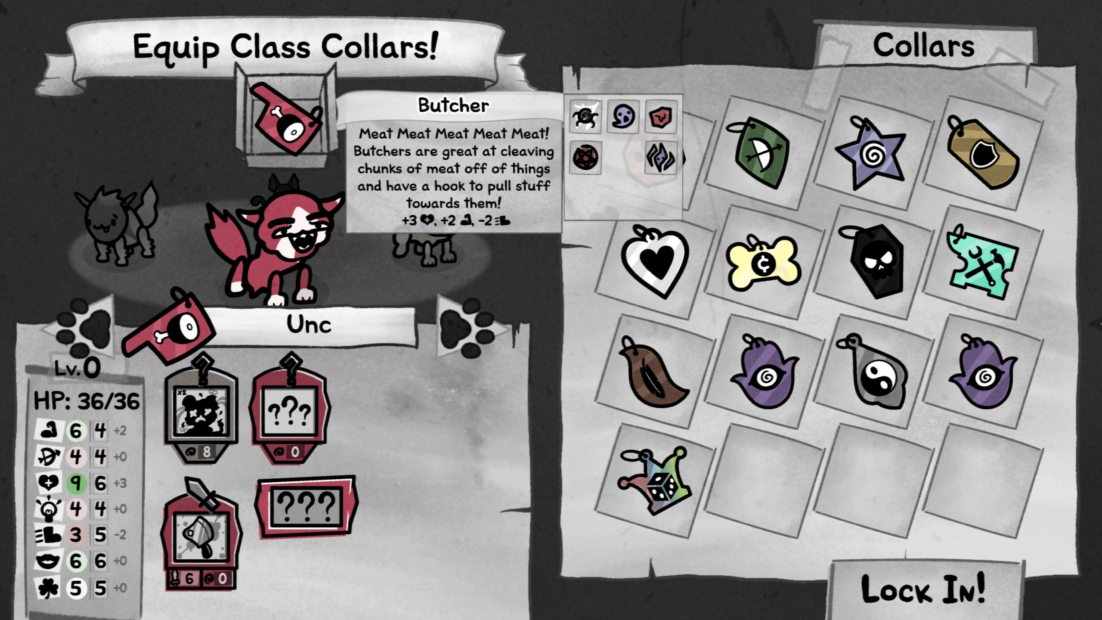 Spielbildschirm mit einer Spielfigur, die ein rotes Halsband trägt, und einer Auswahl verschiedener Halsbänder mit Symbolen in einem Raster.