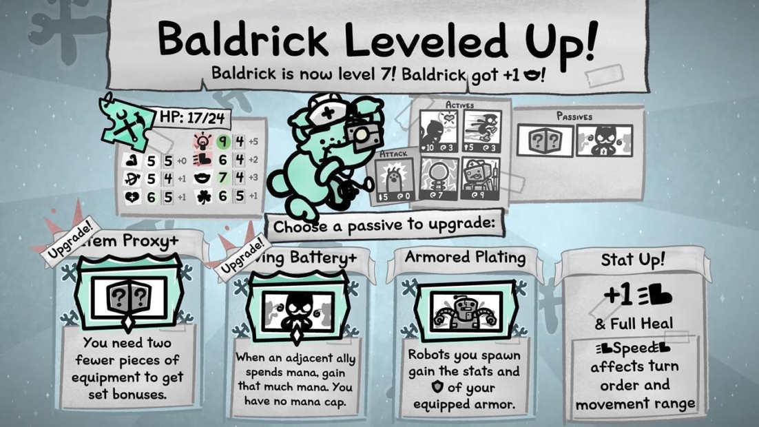 Spielbildschirm mit einem grünen, roboterartigen Charakter namens Baldrick, der auf Level 7 aufgestiegen ist, und mehreren Upgrade-Optionen mit Symbolen und kurzen Beschreibungen.