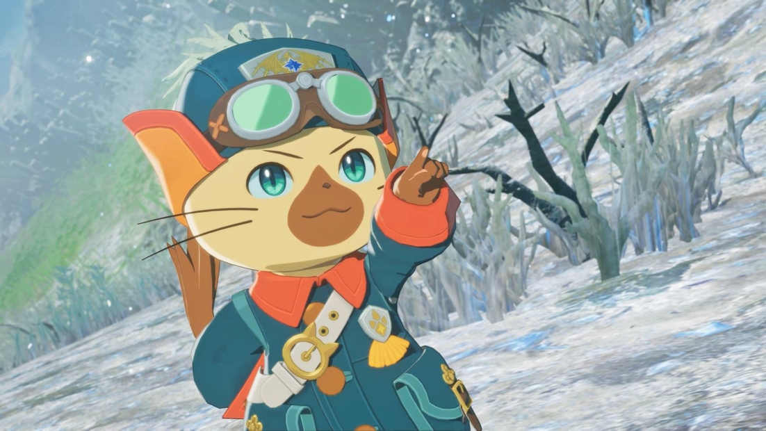 Anthropomorphic cat with blue eyes wearing a pilot cap and goggles pointing with an outstretched finger in a snowy landscape