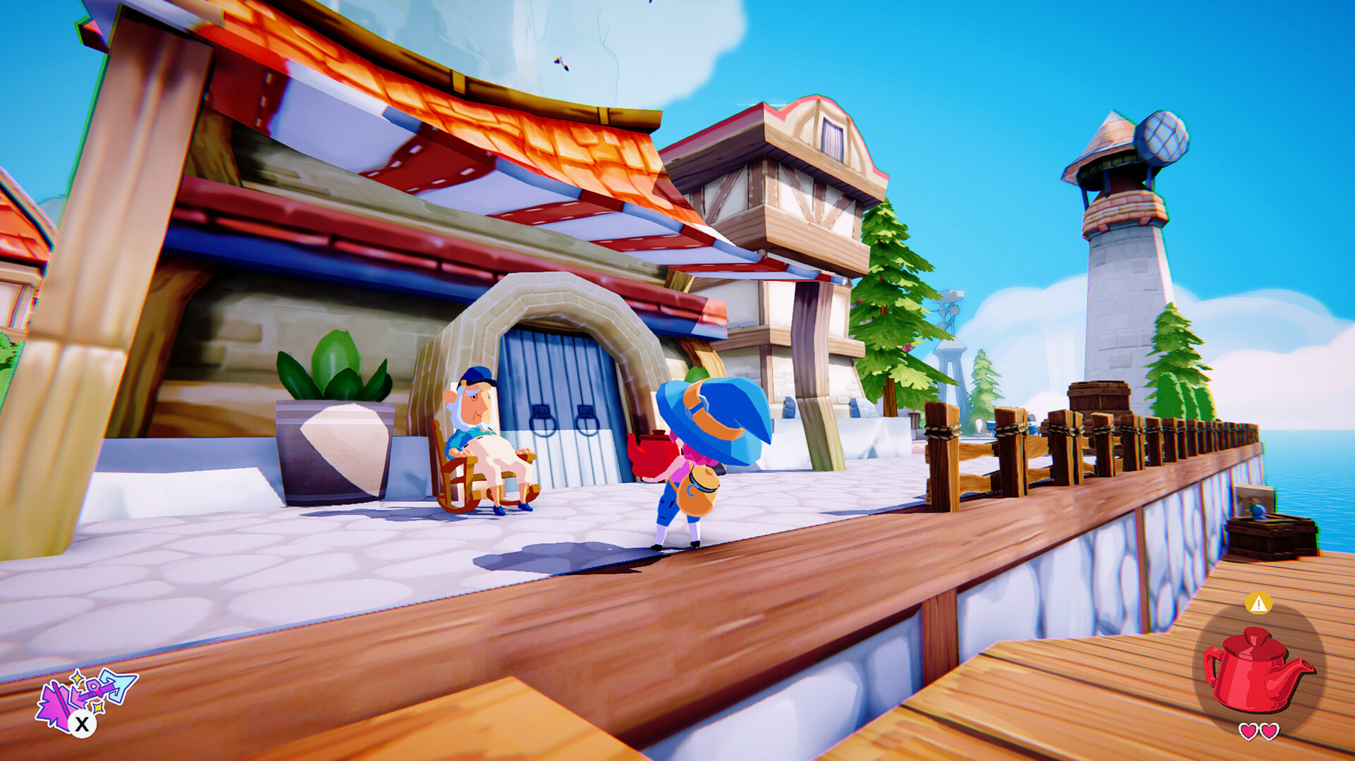 Die Figur Mika mit blauem Hut und orangefarbenem Outfit läuft auf einem Holzsteg in der Nähe eines Küstendorfes, im Hintergrund sieht man eine sitzende ältere Person und einen Leuchtturm aus dem Spiel „Mika and the Witch's Mountain“.