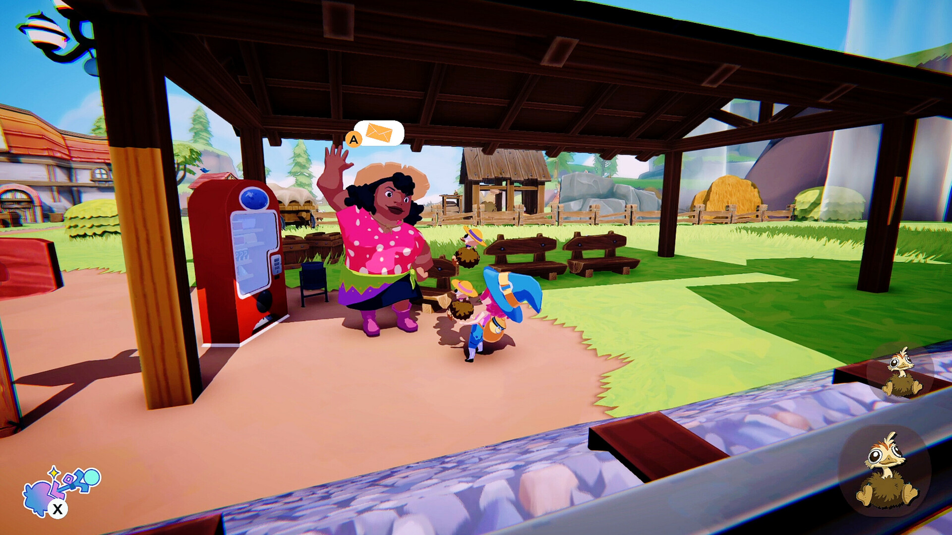 Die Figur Mika mit blauem Hut und Outfit interagiert mit einer großen Frau in einem rosa gepunkteten Kleid unter einem Holzunterstand in einer dörflichen Umgebung aus dem Spiel „Mika and the Witch's Mountain“