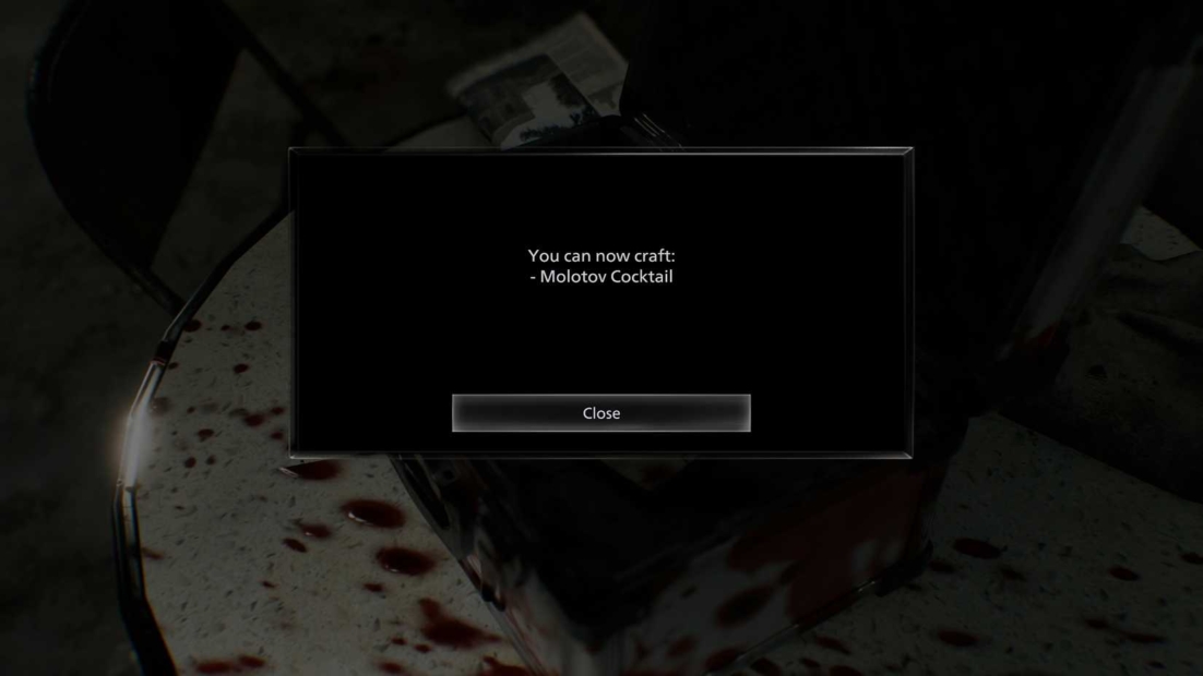 Black dialog box with white text 'You can now craft: - Molotov Cocktail' over a blood-stained round table with a dark object on it.