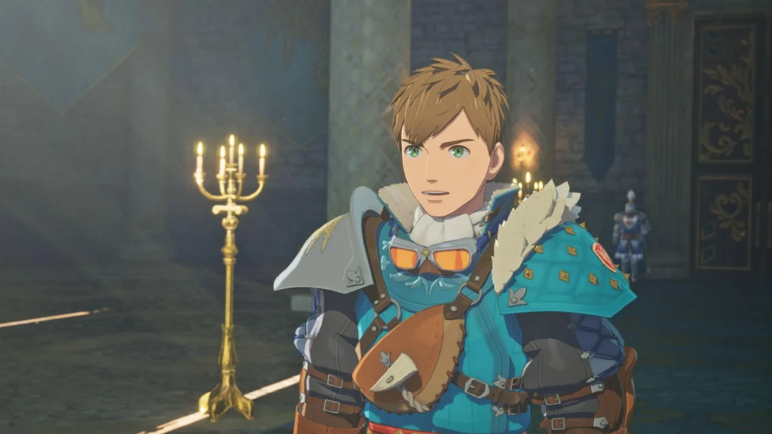 Person in blue armor with shoulder pads and orange-tinted goggles standing in a dimly lit room with candelabras