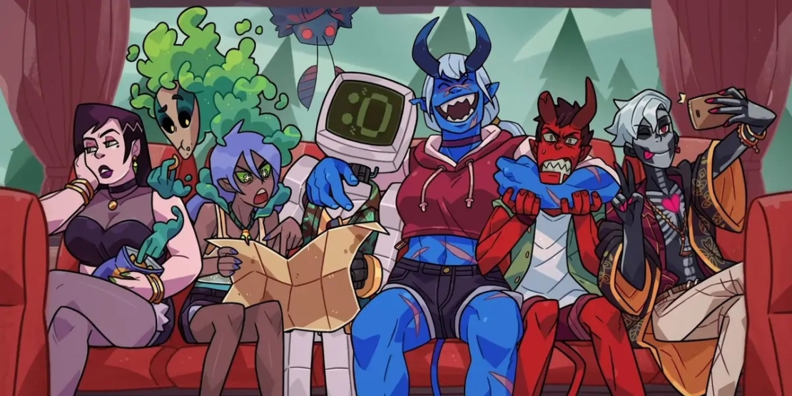 Six characters sit on a couch. On the left, a woman in a black dress, next to a green humanoid character with plant-like hair. In the center, a muscular blue character with horns and a red devil beside him. On the right, a pale character with gray hair holding a phone. All characters have different facial expressions and outfits.