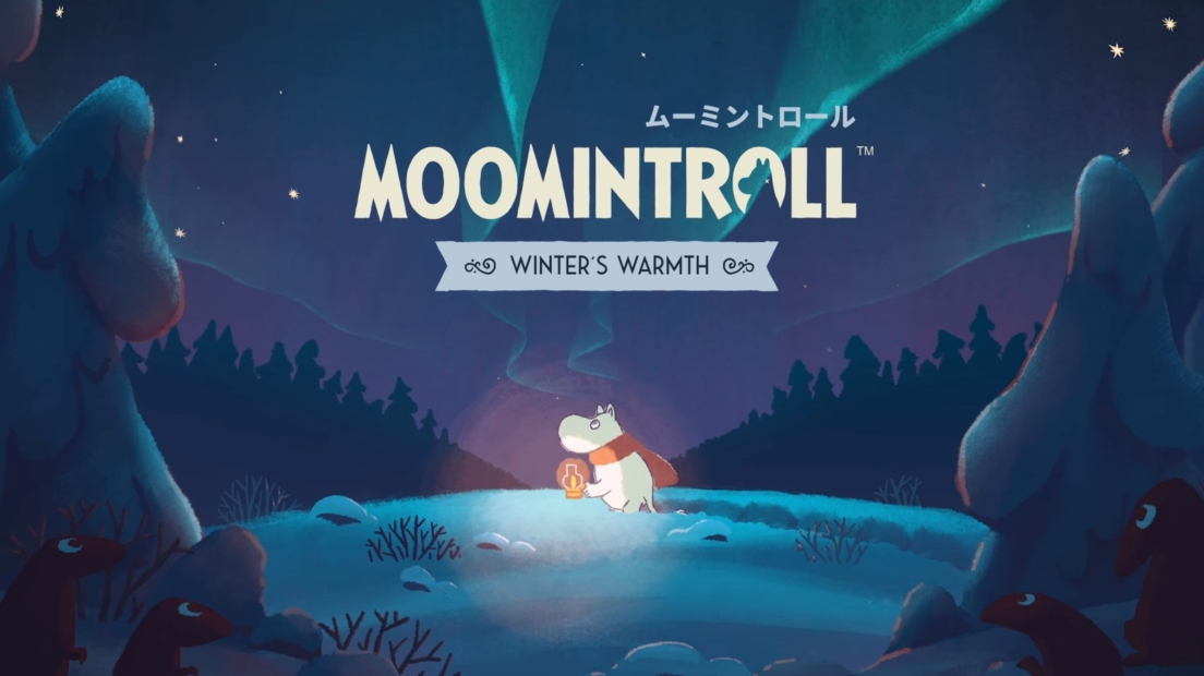 Moomin character holding a lantern standing on a snow-covered hill surrounded by tall pine trees under a starry night sky