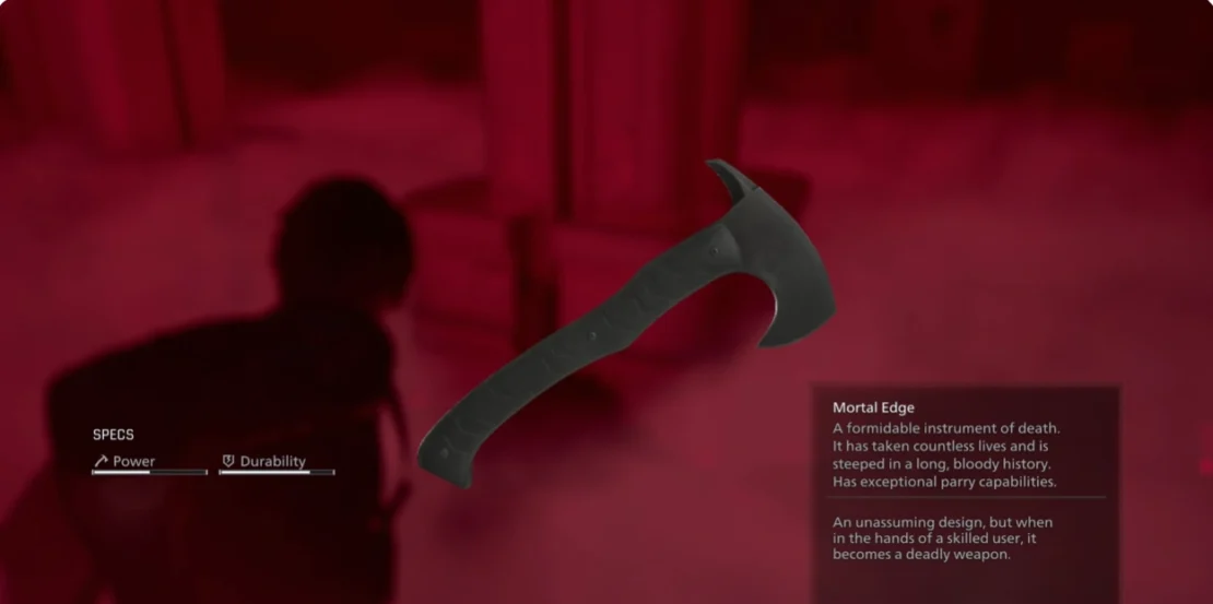 Black axe with curved handle and pointed blade against red background with shadow of a standing person