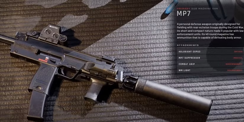 Black MP7 submachine gun with suppressor, grip, and magazine lying on carpet next to text describing the model.