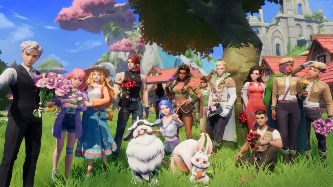 Group of characters in colorful clothing standing on grass in front of a large tree and buildings in the background with two small fantasy creatures sitting on the grass in front.