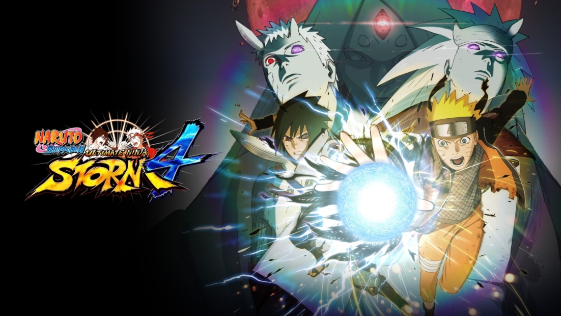 Die besten Anime-Spiele: Drei Figuren aus Naruto in dynamischen Posen mit leuchtenden Energieeffekten und dem Schriftzug 'Naruto Ultimate Ninja Storm 4'