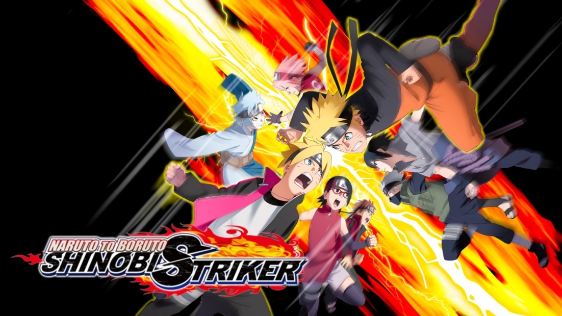 Mehrere Anime-Figuren in dynamischen Kampfposen vor einem Hintergrund mit gelben und roten Flammen, darunter der Schriftzug 'NARUTO TO BORUTO SHINOBI STRIKER'.