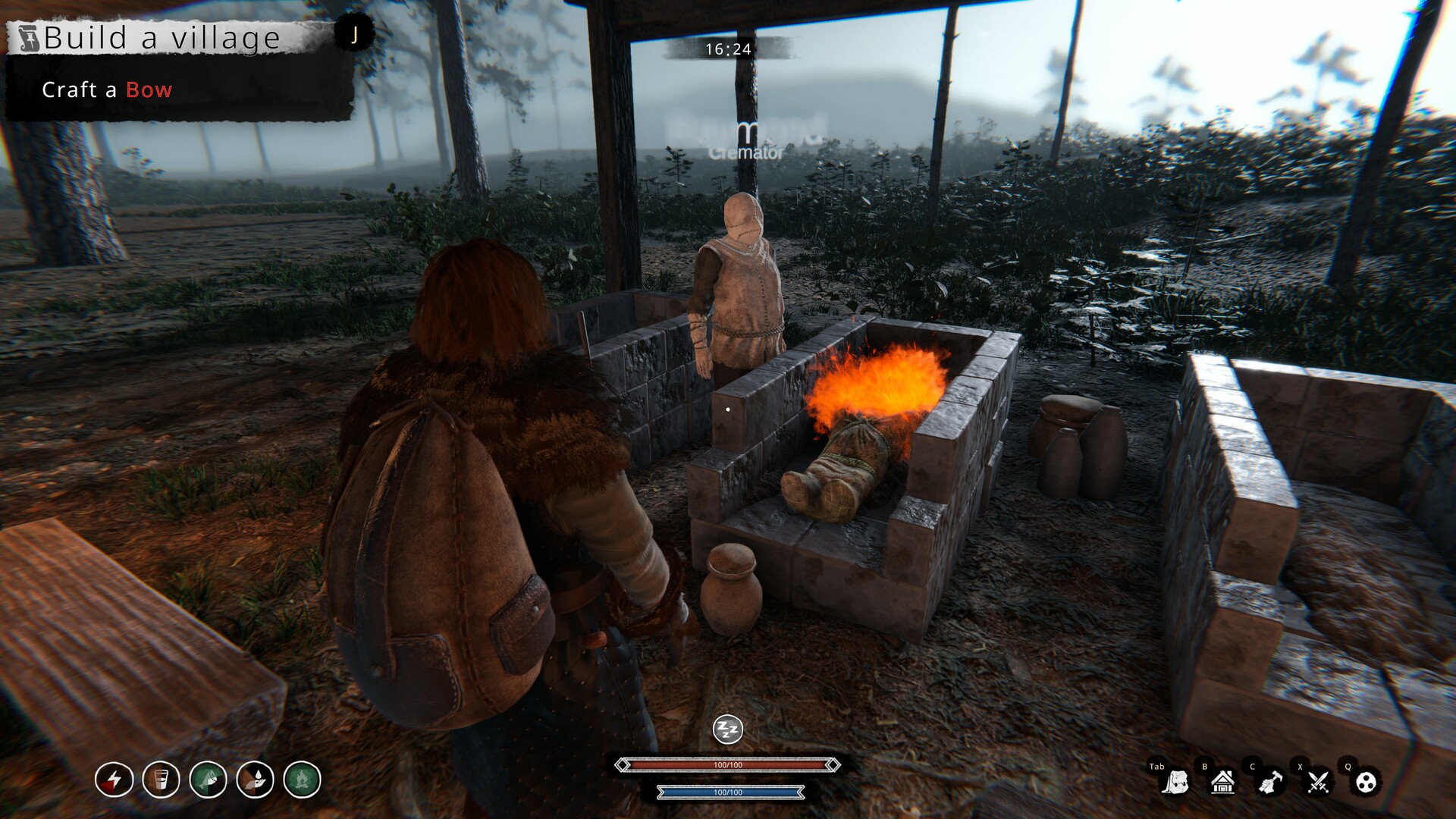 Two figures in medieval clothing stand by an open stone oven with fire, surrounded by pots and wooden benches in a forested area.