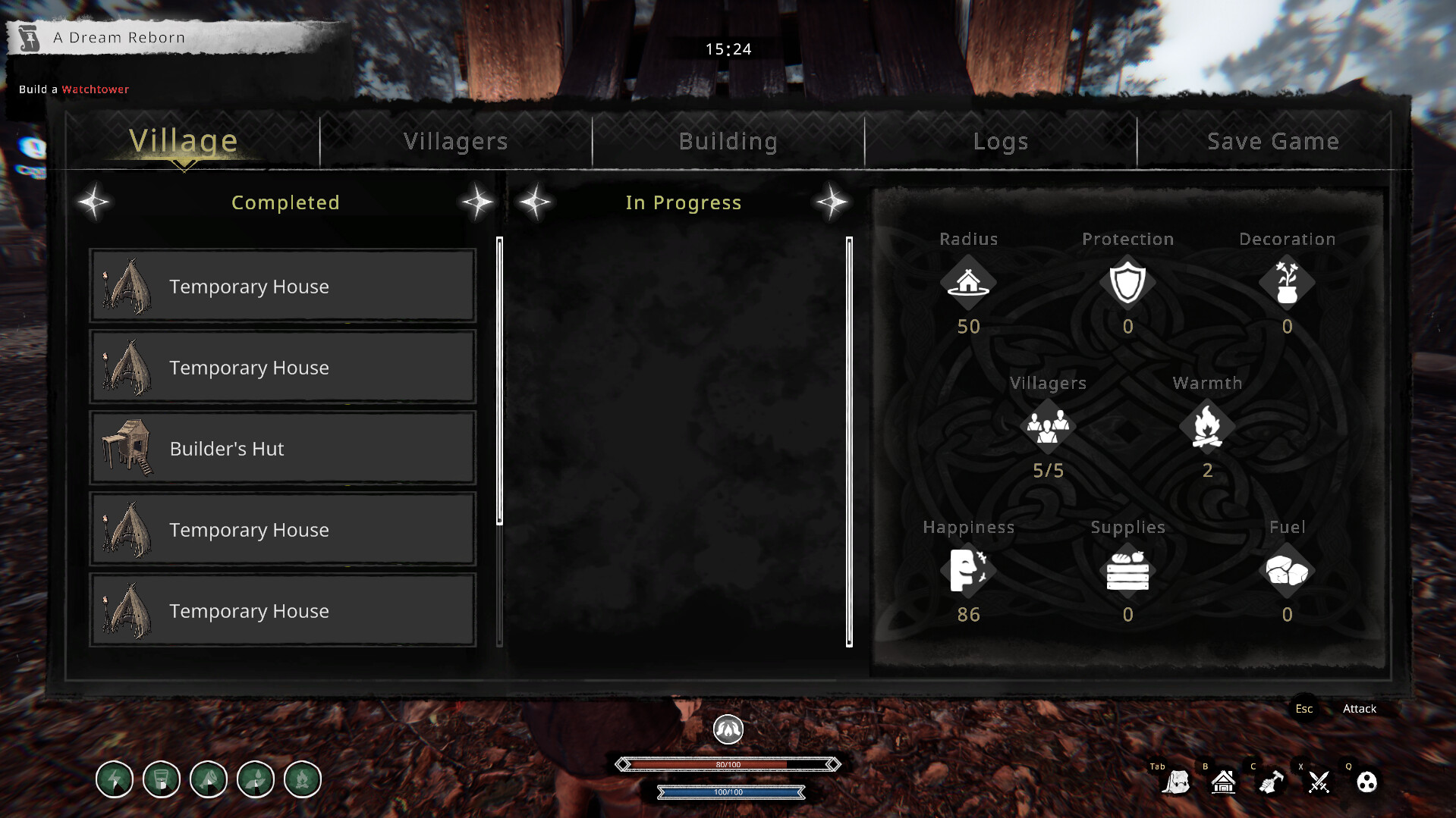 Game menu with tabs 'Village', 'Villagers', 'Building', 'Logs', 'Save Game'. Completed buildings list shows four 'Temporary House' and one 'Builder's Hut'. Progress section empty. Right side diagram displays radius 50, protection, decoration, 5 of 5 villagers, warmth 2, happiness 86, supplies, fuel.