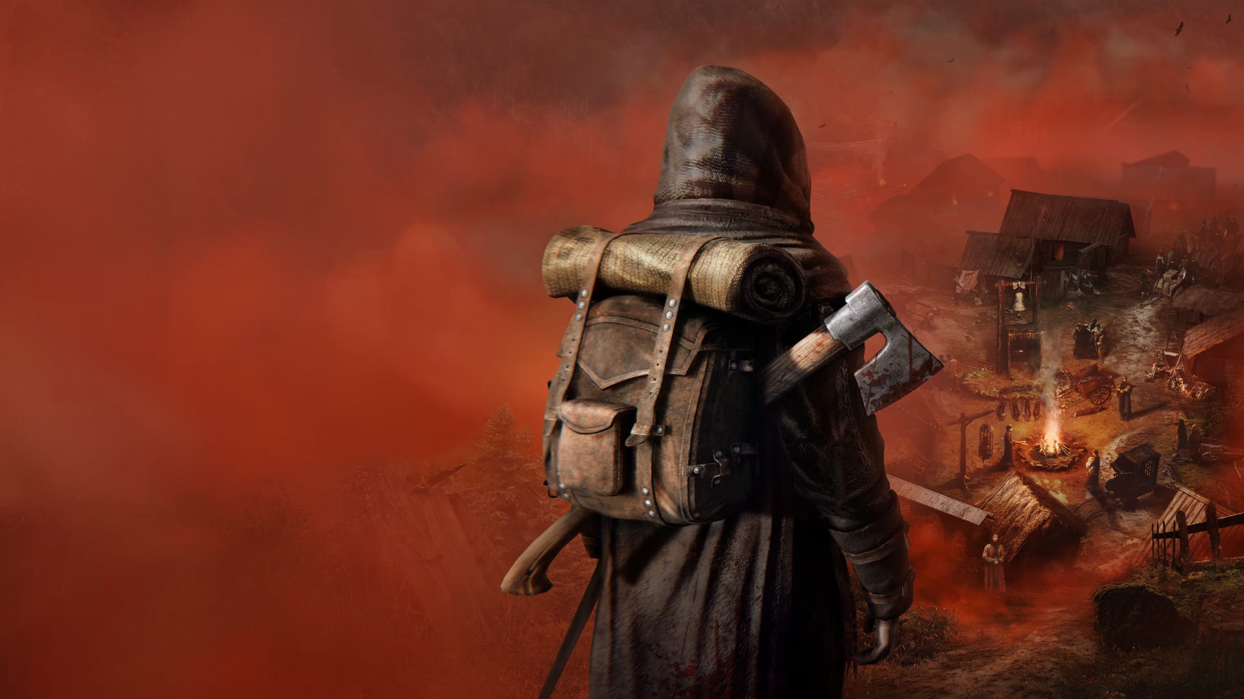 Back view of a person wearing a hooded cloak and large backpack with an axe attached, standing before a village with fire and buildings in red mist.