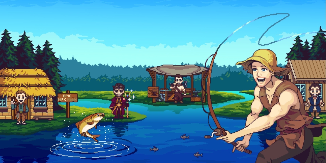 Pixelkunstszene aus dem Spiel „Nice Day for Fishing“, die einen fröhlichen Fischer zeigt, der in einem See, umgeben von Bäumen, Hütten und NPC-Charakteren, einen Fisch fängt.