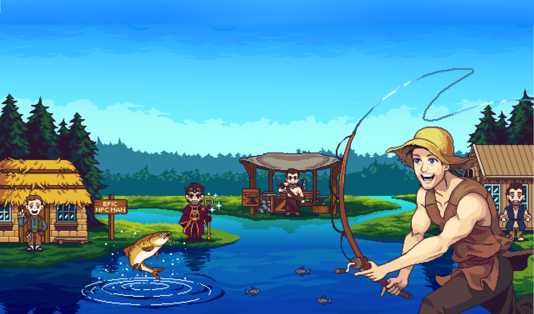 Pixel art scene of a man fishing in a river with a fish jumping out of the water, surrounded by characters and huts labeled 'Epic NPC Man' in a forested area
