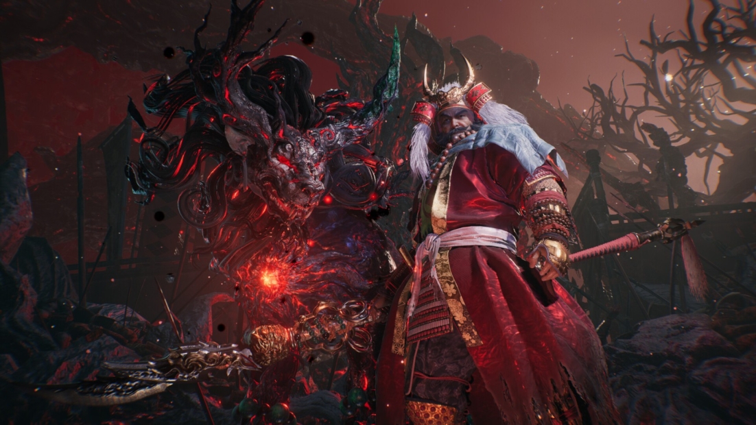 Warrior in traditional armor with sword faces a demonic, fire-spewing creature in a dark landscape surrounded by dead trees