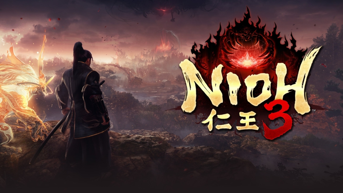 Die größten Spieleveröffentlichungen 2026: Nioh 3. Eine Figur mit Schwertern blickt auf eine neblige Landschaft, rechts daneben das Logo 'Nioh 3' mit einem roten, feuerspeienden Dämonenkopf.