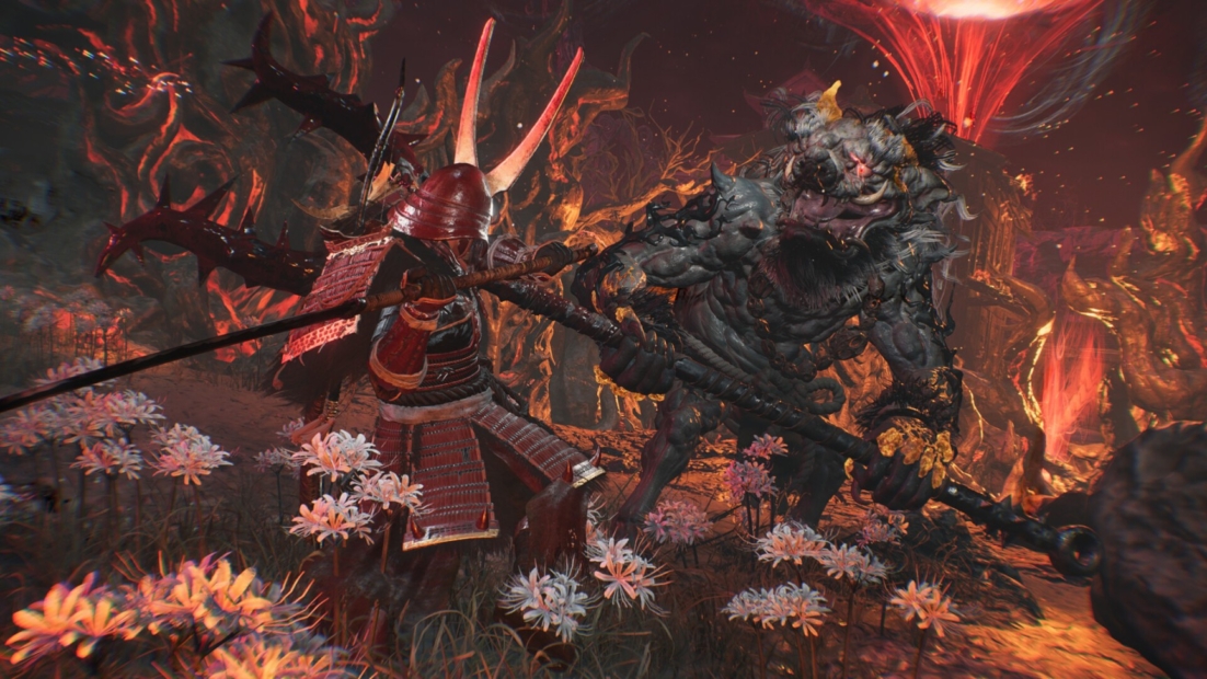 Samurai in red armor fighting a large demonic black-and-gray creature with a club in a landscape filled with flowers and lava