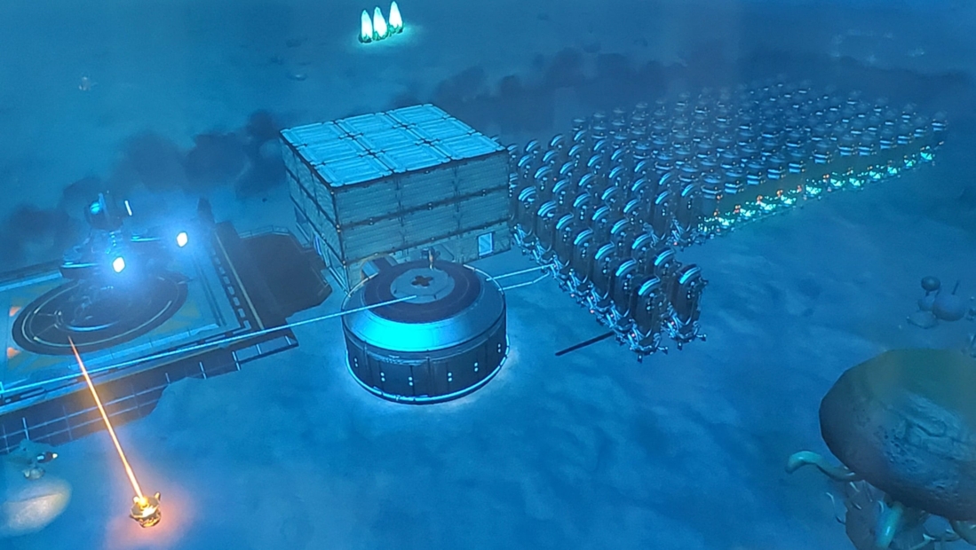 No Man's Sky Indium: A base in No Man's Sky featuring a large storage building and a row of 30 indium containers. Glowing plants and a spaceship are visible in the background.