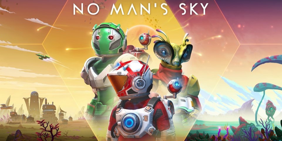 no man's sky game cover featuring astronauts and aliens