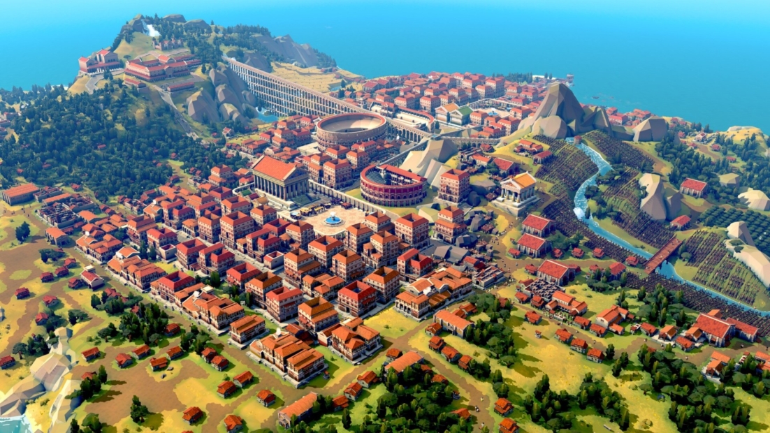 Nova Roma Guide: Aerial view of an ancient city with temples, amphitheaters, residential buildings, and wooded hills by the sea