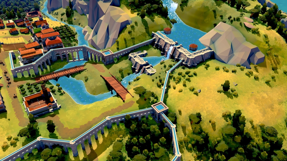 Landscape with river, multiple bridges, aqueducts, and a wall surrounded by hills and buildings