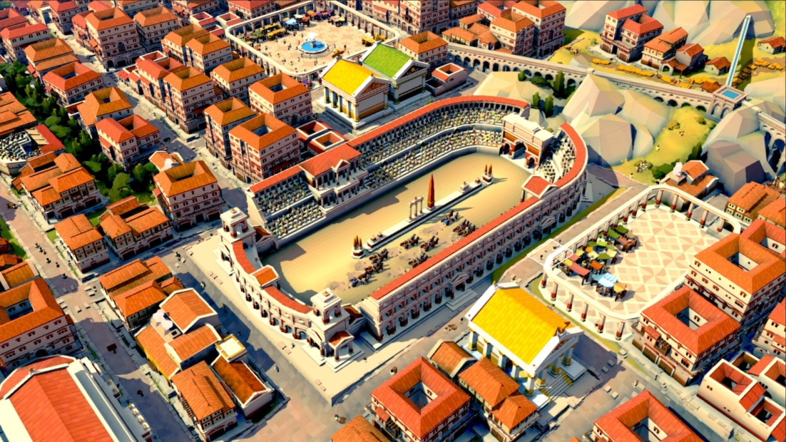 Bird's-eye view of an ancient Roman amphitheater surrounded by buildings and streets.