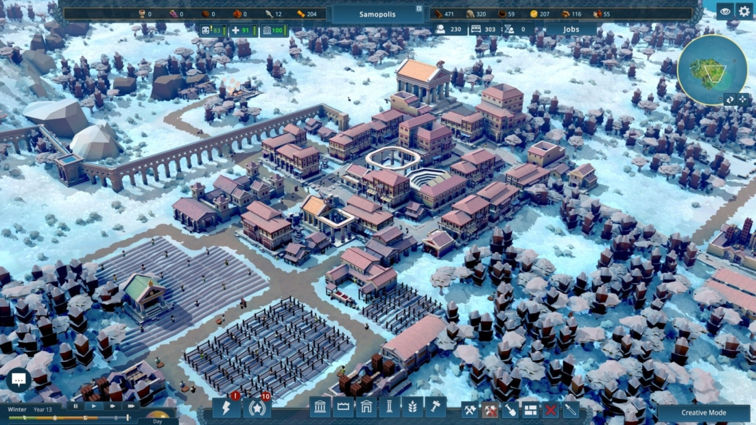 Bird's-eye view of a snowy ancient city with temples, aqueduct, and houses in a strategy game interface.