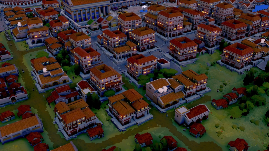 Bird's-eye view of a dense residential area with multi-story buildings and red roofs
