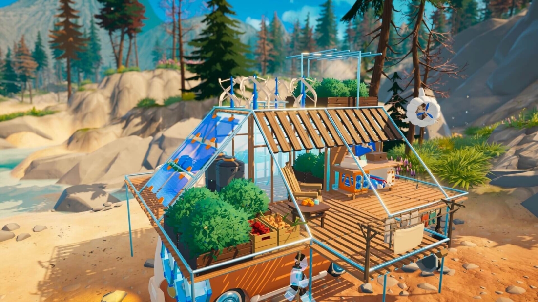 Wooden stilt house with solar panels, wind turbines, and plants in a forested rocky area.