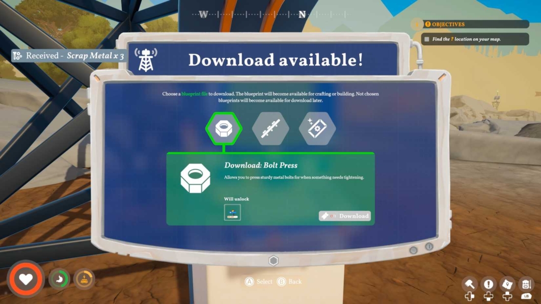 Screen showing a download notification for a blueprint called 'Bolt Press' in a desert video game setting.