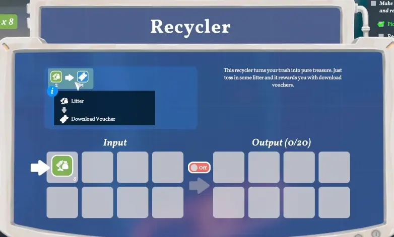 User interface of a recycler with input fields on the left, output fields on the right, and explanatory text in the center.