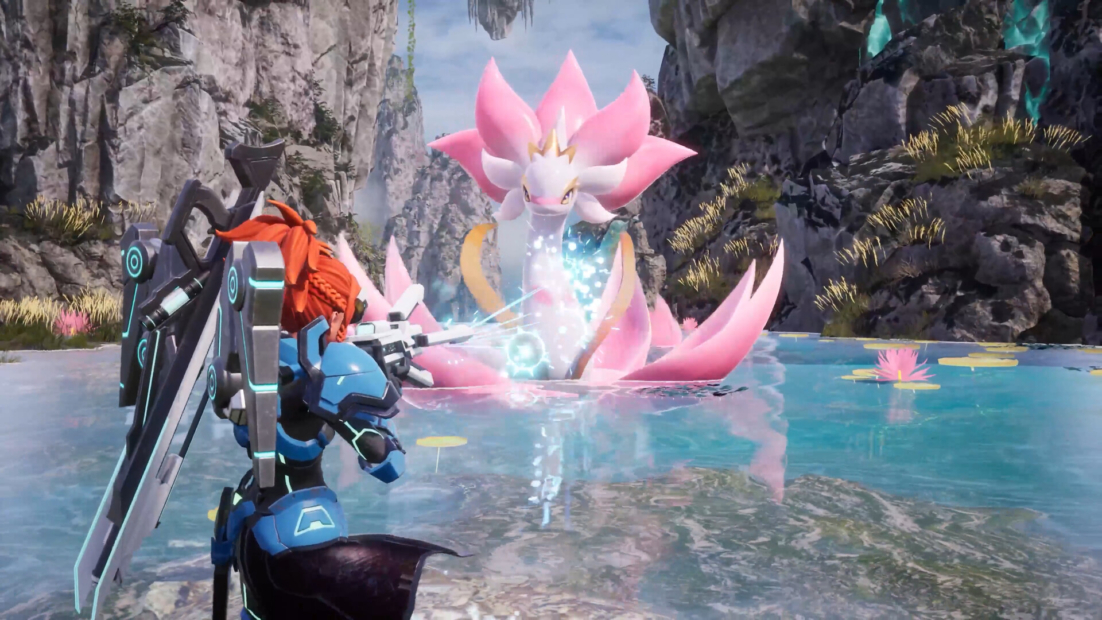 A character in blue armor with a large sword stands at the edge of a lake facing a large pink flower-like creature in the water.