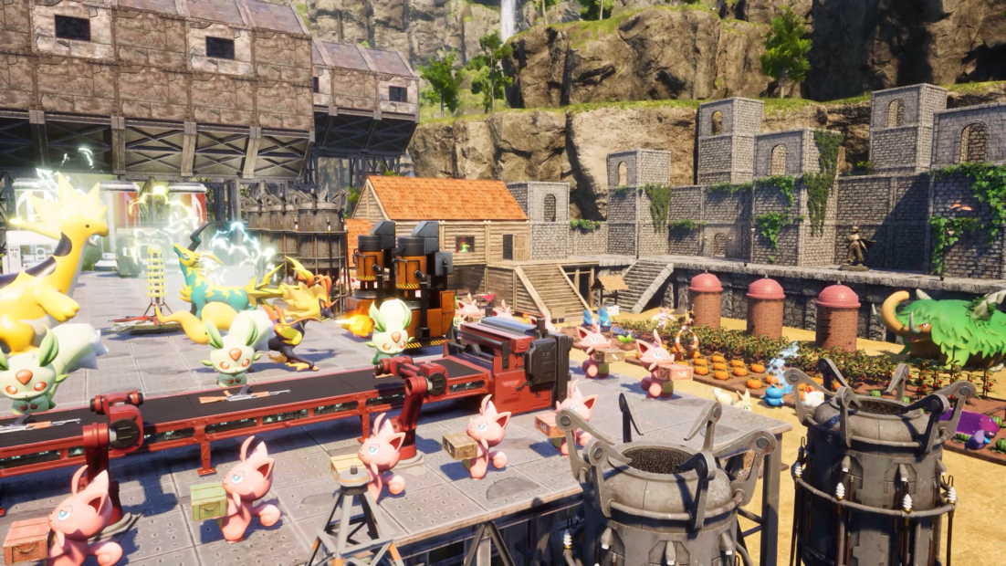 Palworld mods: Scene from a video game showing small pink animal-like creatures on a platform in front of a factory complex in a rocky landscape