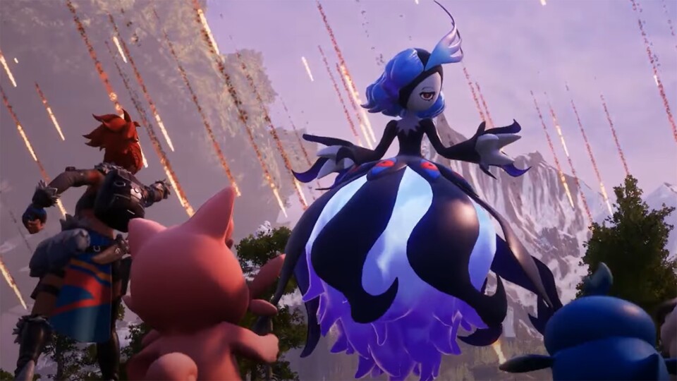 Bellanoir, ein großes blau-schwarzes Wesen mit einem blumenähnlichen Unterkörper, steht in dem Spiel Palworld zwei Figuren in einer bergigen Landschaft gegenüber.