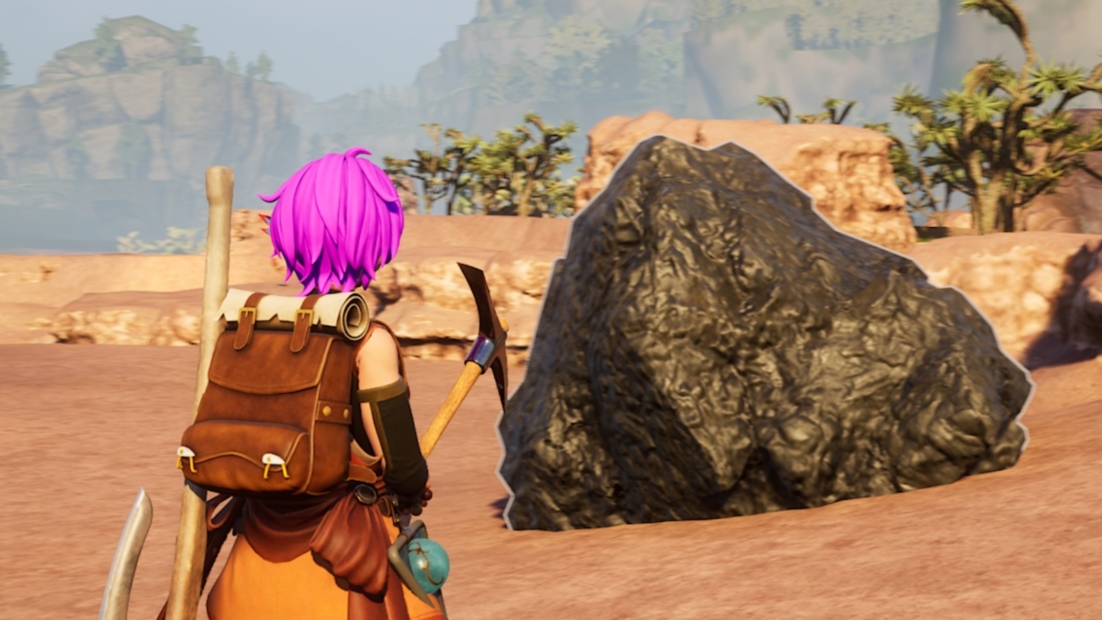 Figur mit pinken Haaren und braunem Rucksack, die in der Spielumgebung von Palworld mit einer Spitzhacke einen großen Kohlebrocken abbaut.