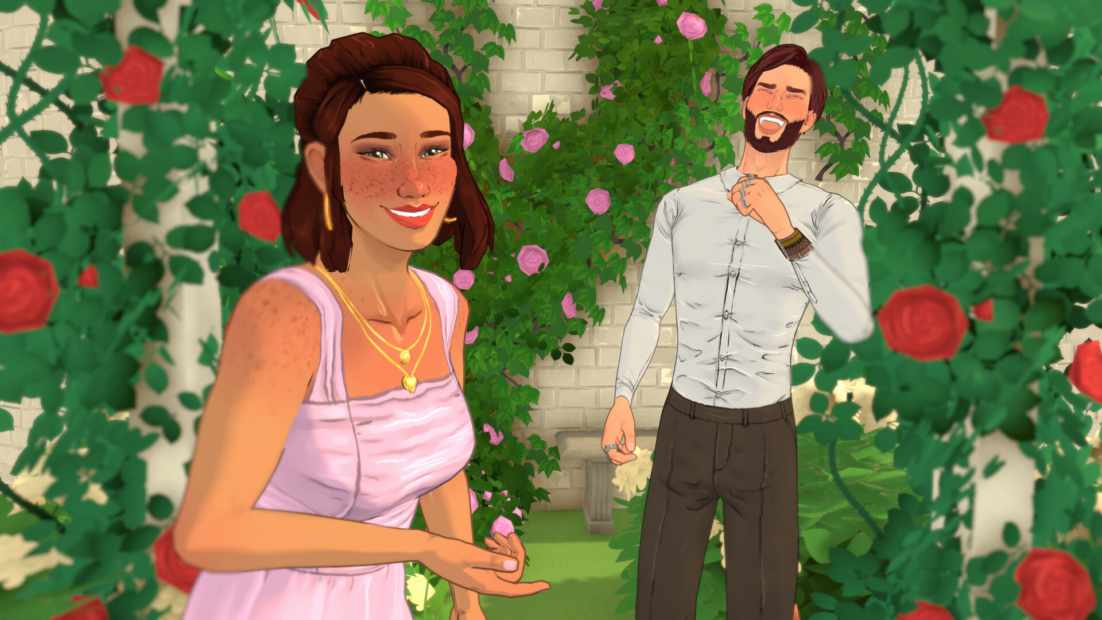Two people in a garden with roses in front of a light-colored wall, one wearing a pink top and gold chains, the other a white shirt and dark pants