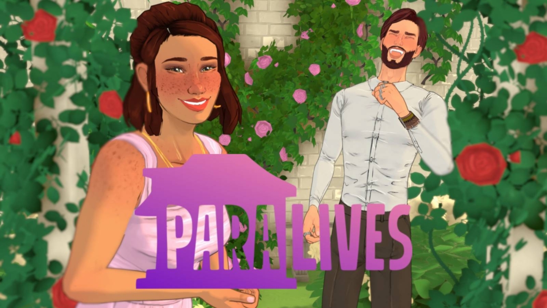 Zwei Personen vor einer mit Rosen bewachsenen Mauer, eine hält ein lila Haus-Symbol mit dem Schriftzug 'PARALIVES'.