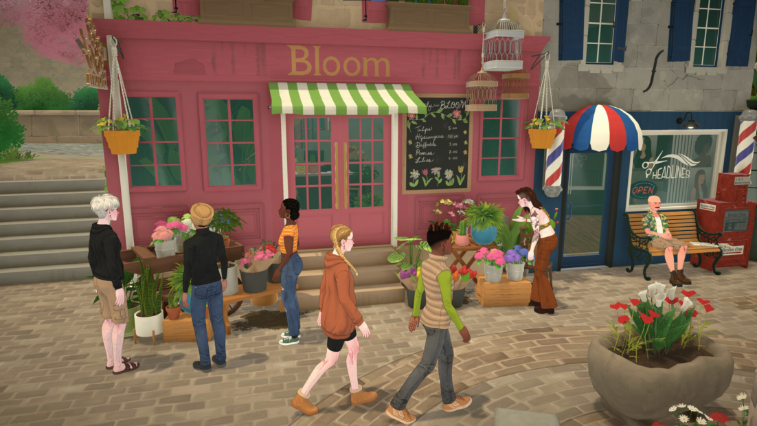 Several people stand and walk in front of a flower shop with a green-and-white striped awning and the sign 'Bloom'