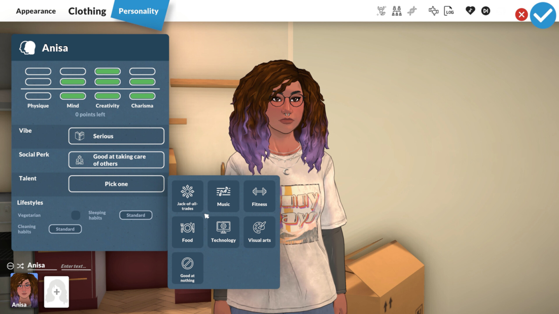 Paralives Tips: Game character with medium-length wavy hair and t-shirt standing in front of a cardboard box in a room with shelves