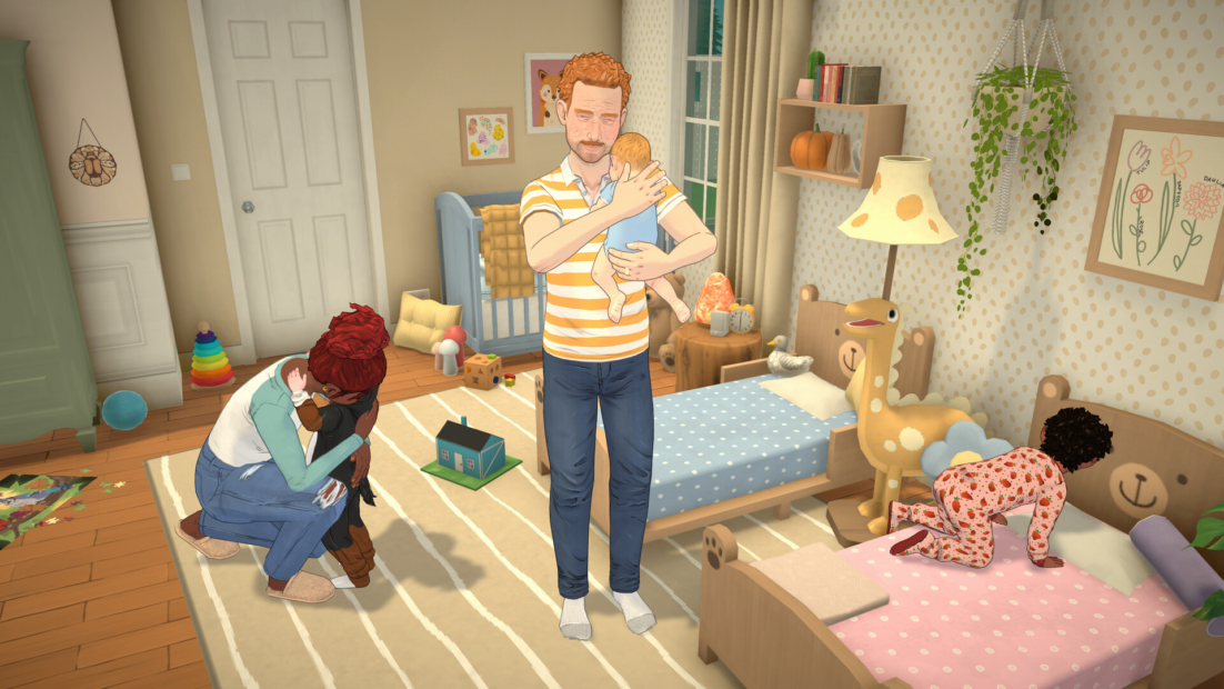 Child stands in a bedroom holding a stuffed animal on the shoulder while a woman crouches in front of them